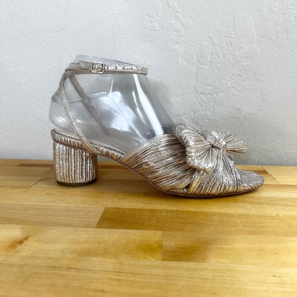 LOEFFLER RANDALL Sandals Dahlia US 7 Metallic Gold Bow Pleated Ankle Strap Heels - Picture 1 of 11